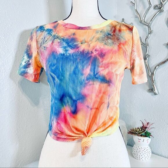 Love J Tie Dyed Front Knot Ribbed Short Sleeve - Picture 1 of 5